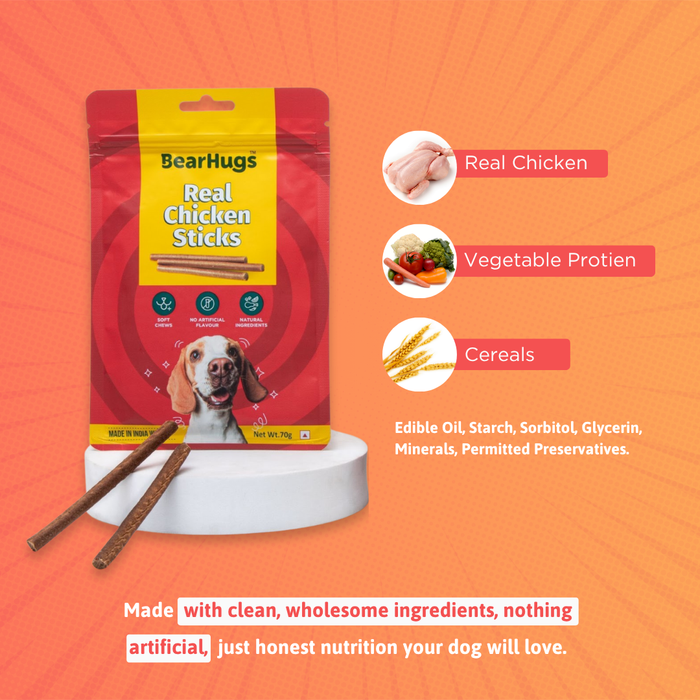 BearHugs Soft & Chewy Sticks Real Chicken Treat for Dogs - 70gm