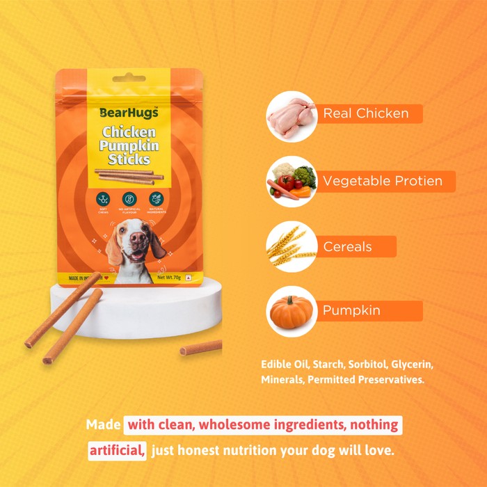 BearHugs Soft & Chewy Sticks Chicken & Pumpkin Treat for Dogs - 70gm