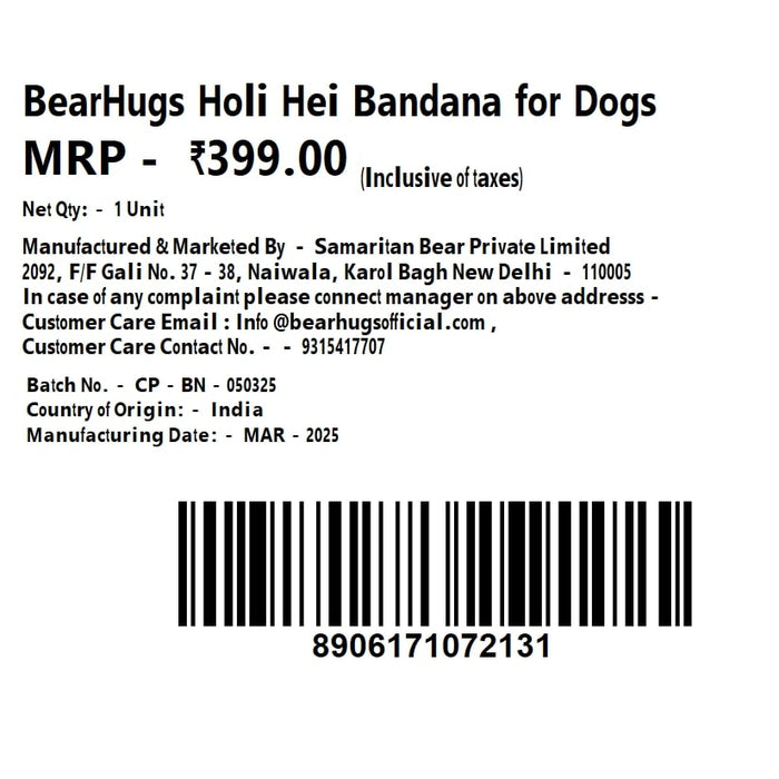 BearHugs Exclusive Holi Bandana for Dogs