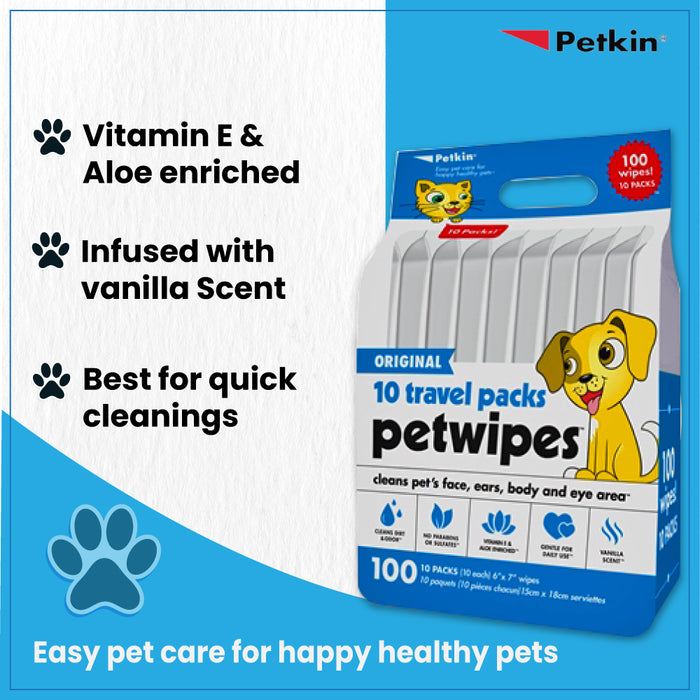 Petkin 15 x 18 cm Travel Pack Pet Wipes - 100 Wipes