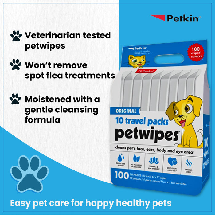 Petkin 15 x 18 cm Travel Pack Pet Wipes - 100 Wipes