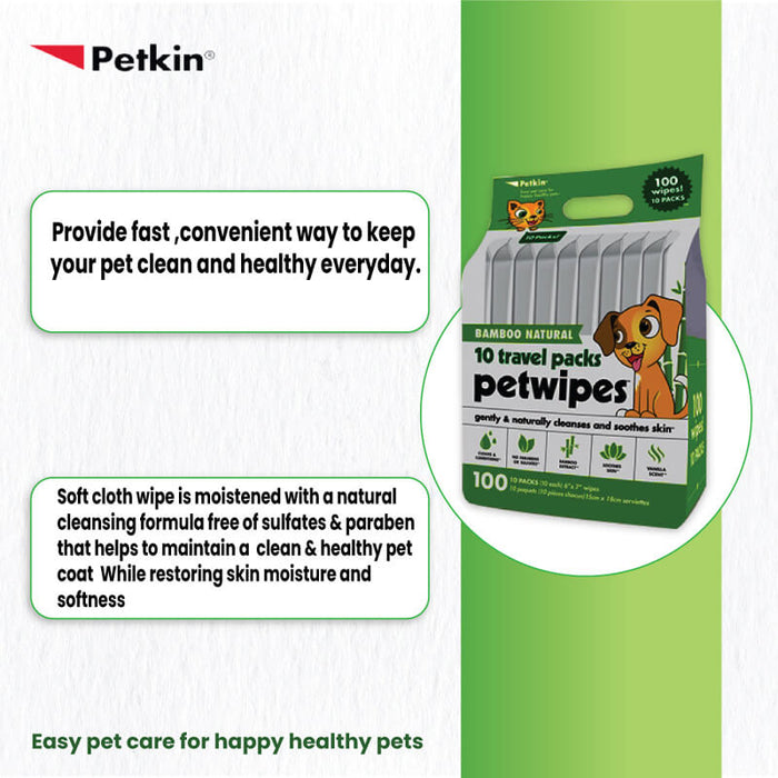 Petkin 15 x 18 cm Bamboo Natural Travel Pack Wipes - 100 Wipes