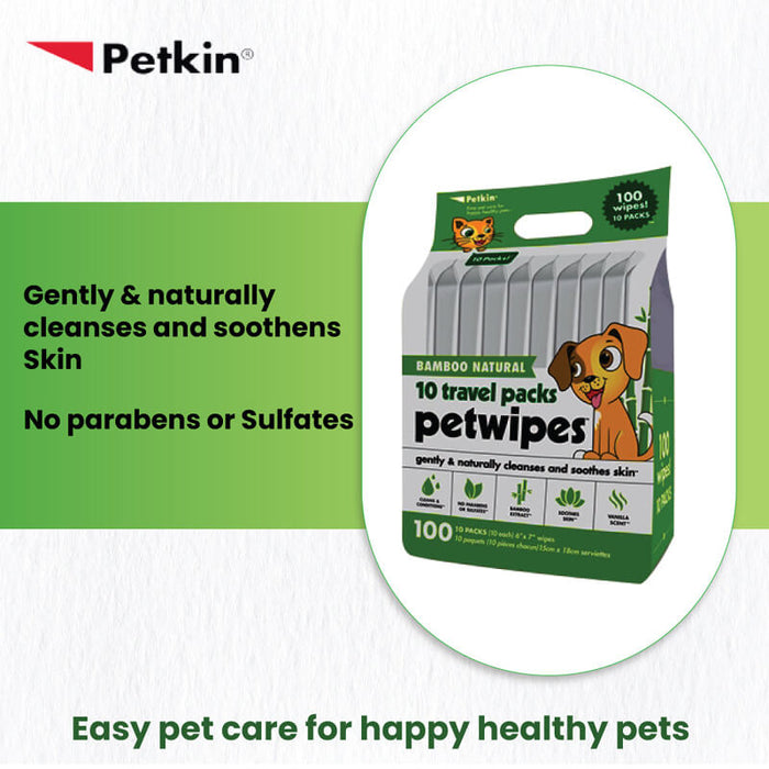 Petkin 15 x 18 cm Bamboo Natural Travel Pack Wipes - 100 Wipes