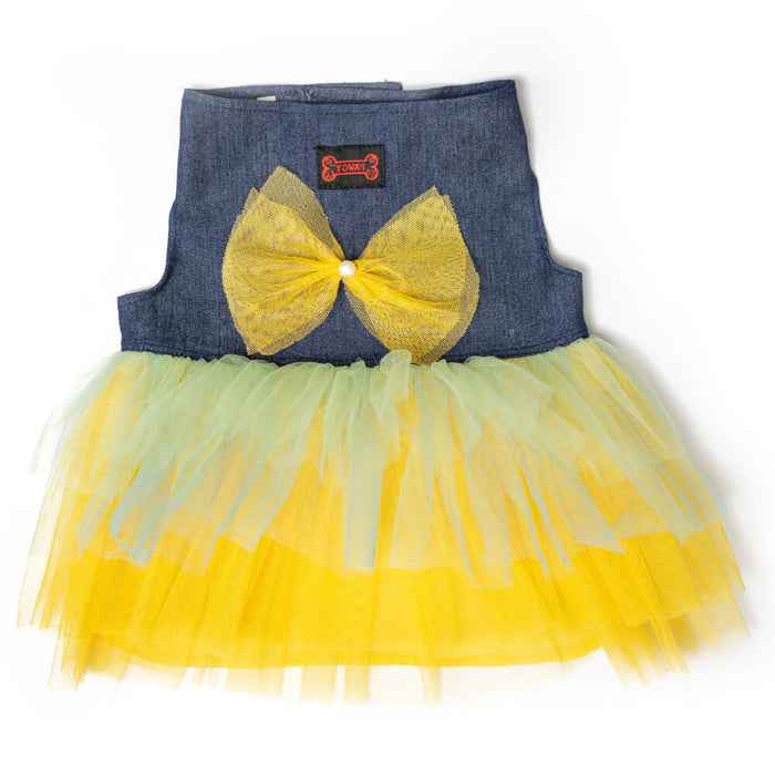 Pawgy Pets Denim Frilly Formal Dress Blue with Yellow For Dog
