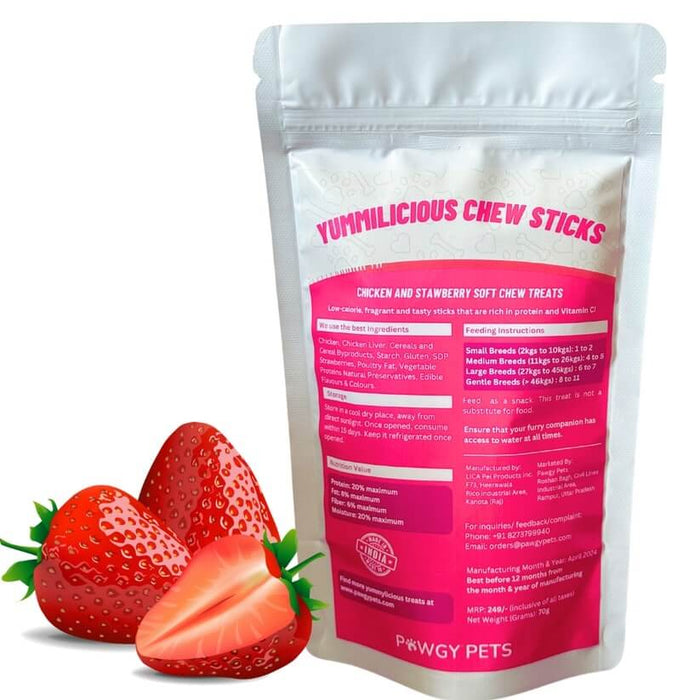 Pawgy Pets Yummylicious Soft & Chewy Strawberry with Real Chicken Sticks Treat for Dogs - 70gm