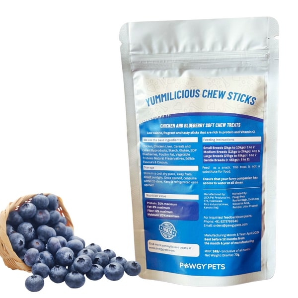Pawgy Pets Yummylicious Soft & Chewy Blueberry with Real Chicken Sticks Treat for Dogs - 70gm
