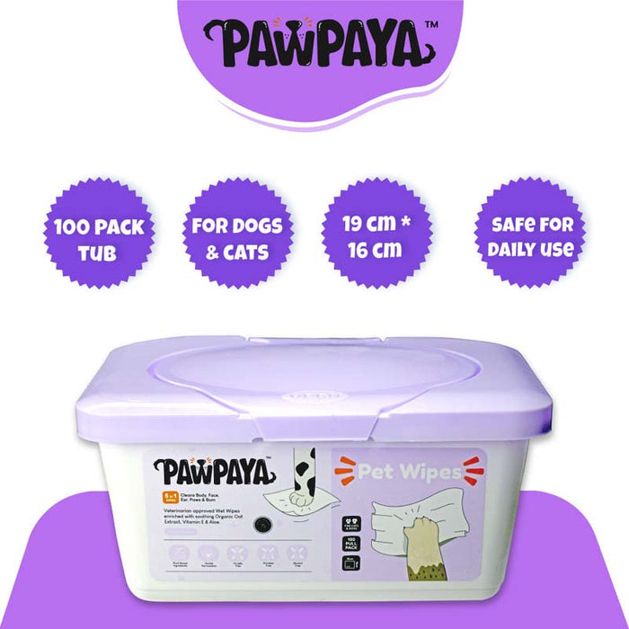 Pawpaya 19 X 16 CM Pet Wipes - 100 Pack Tub