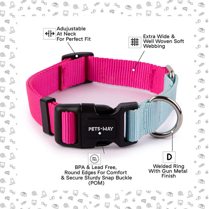 Pets Way Walk Essentials Dual Color Dog Collar - Fuschia & Sky