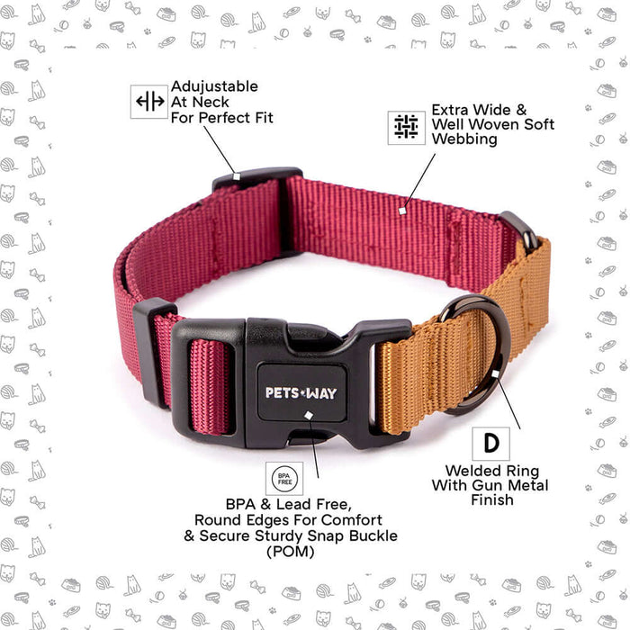 Pets Way Walk Essentials Dual Color Dog Collar - Wine & Honey