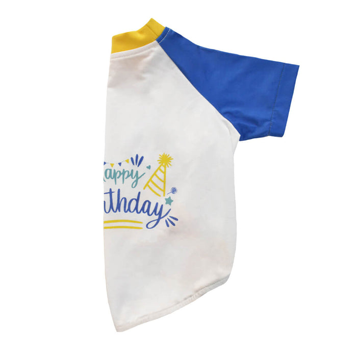 Pets Way Happy Birthday Graphic Dog T-shirt with Sleeves - White/Cobalt