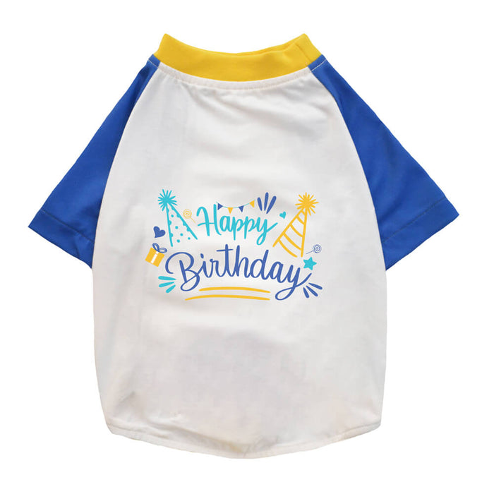 Pets Way Happy Birthday Graphic Dog T-shirt with Sleeves - White/Cobalt